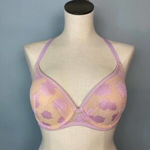 PINK Victoria's Secret Purple Beige Lightly Lined Hibiscus Underwire Bra 34DD